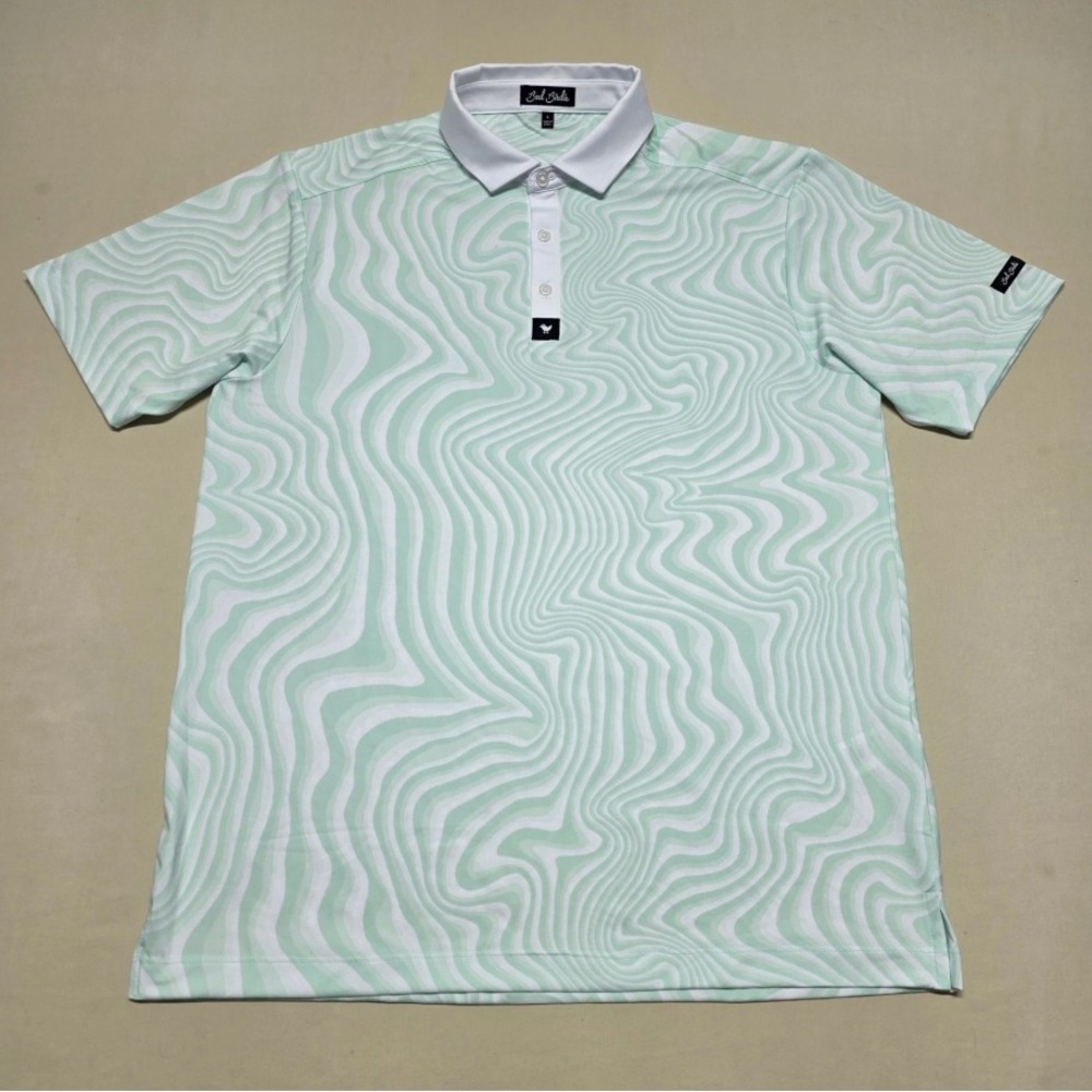 Bad Birdie Men Large Mint Green Graphics Sports Polo Shirt Stretch Pullover Reg